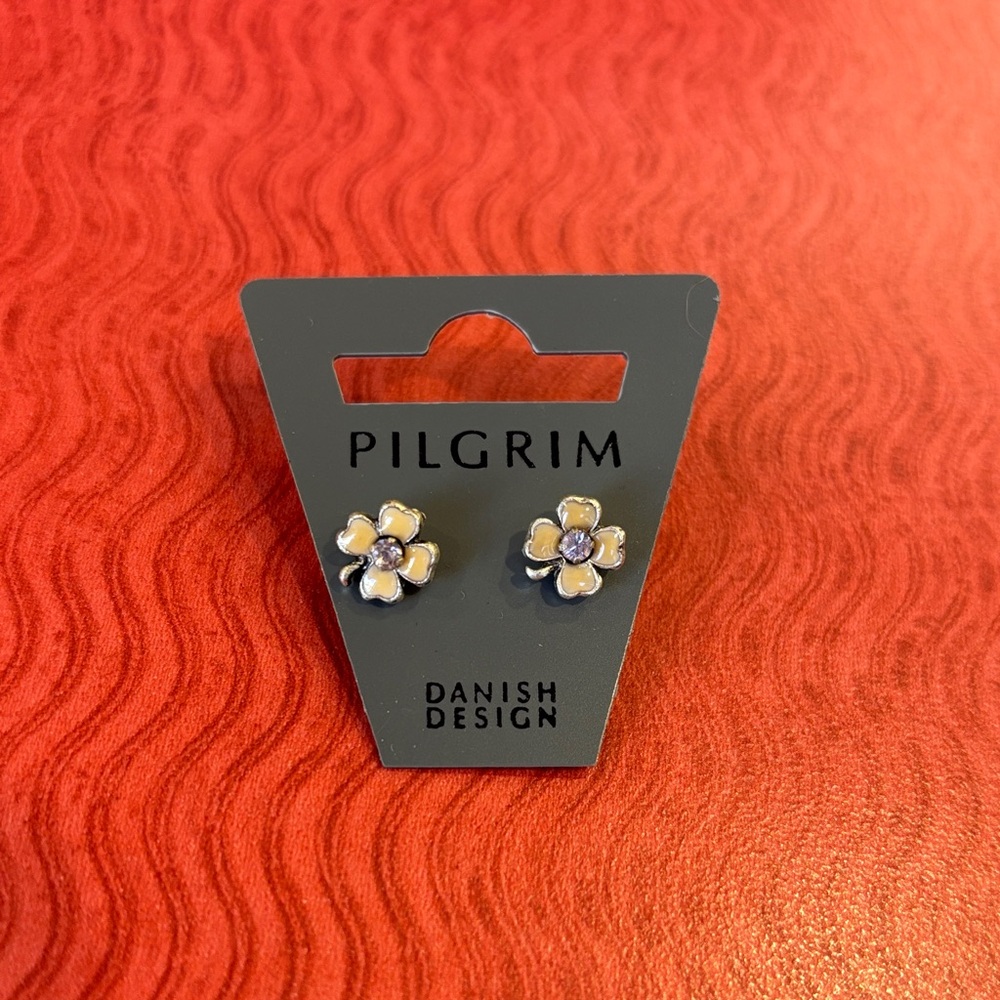 (#108) Pilgrim Cream and Silver Floral Stud Earrings